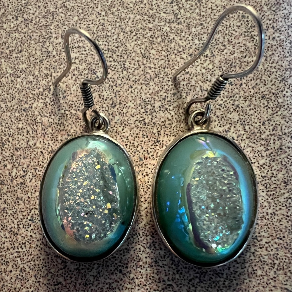 Genuine blue-green agate druzy earrings in 925 Sterling Silver. Exquisite!